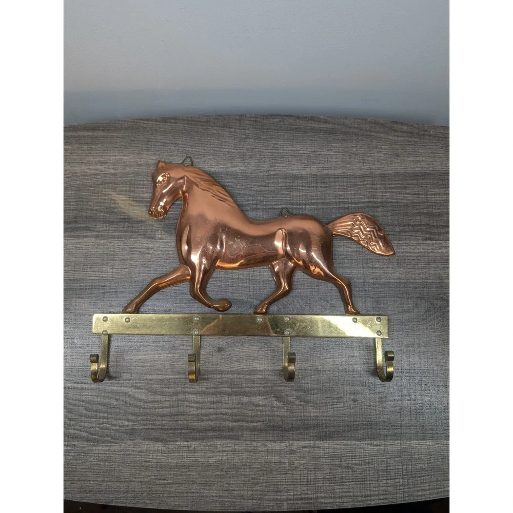 Vintage‎ Copper Horse Key Holder Wall Mount Brass Hooks Equestrian Decor